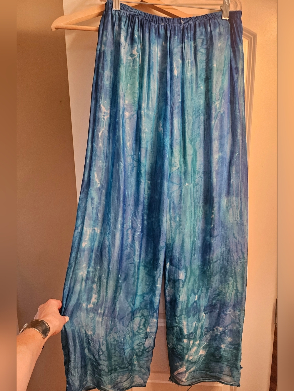 Hand-Dyed Silk Wide Leg Pants | Blue Tie-Dye | Boho Resort | Elastic Waist M–L